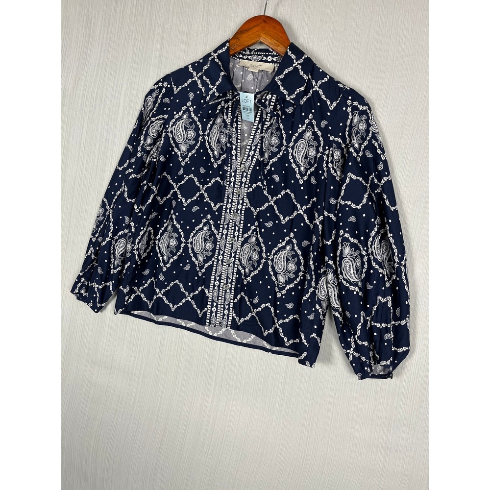 LOFT Tie Neck Paisley Blouse Women XXSP Navy White Button Front Petite Boho Chic